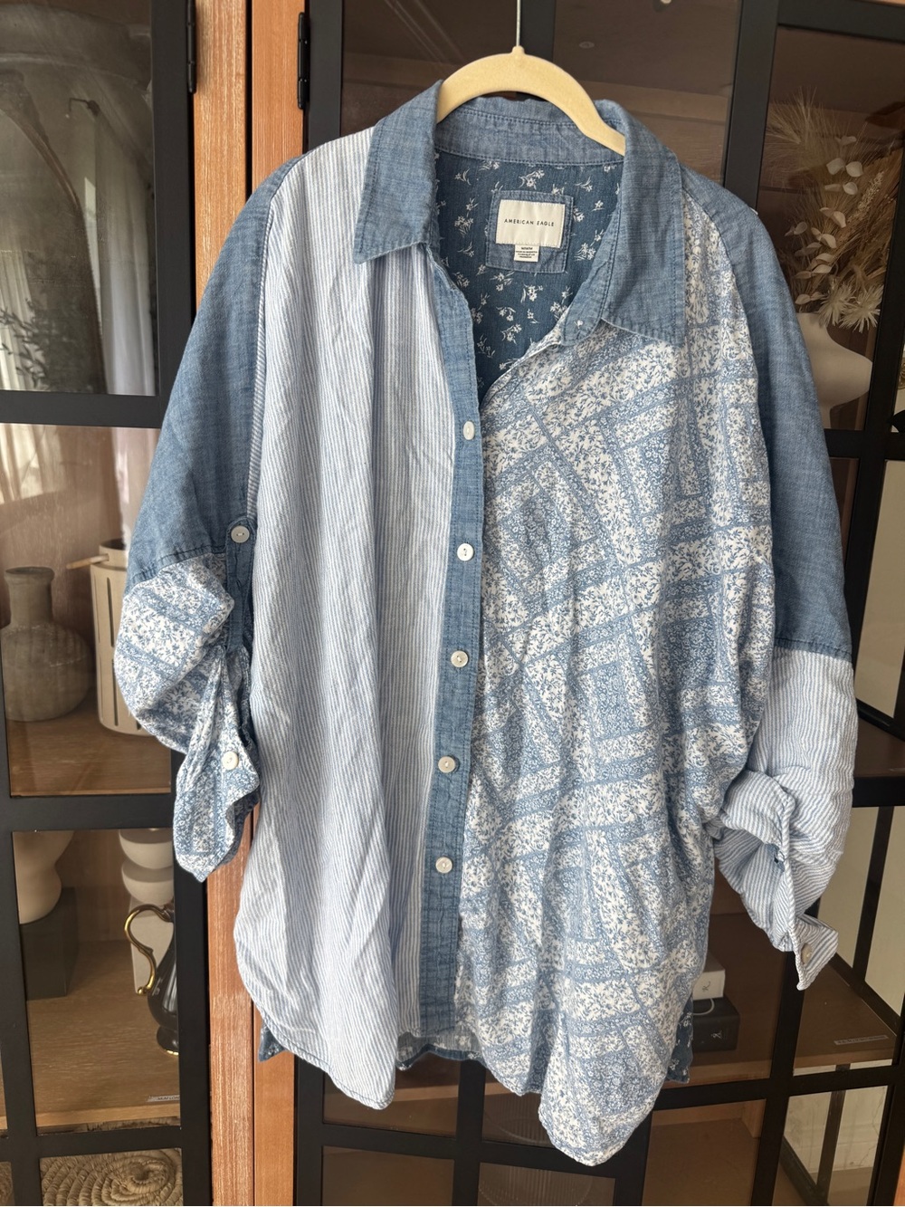 American Eagle Chambray Patchwork Oversized Button Down shirt floral boho